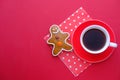 Top view of green tea and crunchy and wholemeal biscuits on red background .