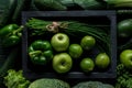 top view of green vegetables and fruits in wooden box on table healthy Royalty Free Stock Photo