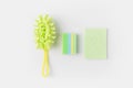 top view of green washing sponges and brush, Royalty Free Stock Photo