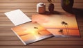 Top view with greeting card with images of sunset on the beach on top of the table Royalty Free Stock Photo
