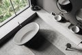 Top view of grey bathroom interior with bathtub and sink, panoramic window Royalty Free Stock Photo