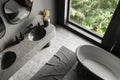 Top view of grey bathroom interior with bathtub, sink and panoramic window Royalty Free Stock Photo