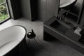 Top view of grey bathroom interior with bathtub, sink and panoramic window Royalty Free Stock Photo