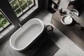 Top view of grey bathroom interior with bathtub, sink and panoramic window Royalty Free Stock Photo