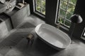 Top view of grey bathroom interior with bathtub, sink and panoramic window Royalty Free Stock Photo