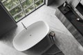 Top view of grey bathroom interior with sink and bathtub near panoramic window Royalty Free Stock Photo