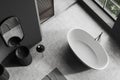 Top view of grey bathroom interior with sink and tub near panoramic window Royalty Free Stock Photo