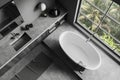 Top view of grey bathroom interior with tub and sink, panoramic window Royalty Free Stock Photo