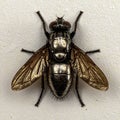 Top view of a grey chrome house fly, white background. Generated image Royalty Free Stock Photo