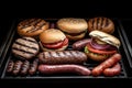 Top view of grill barbeque of hamburger and sausages.