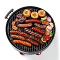 Top view of grill grates with steak, vegetables und mushrooms isolated on white background, generative AI content