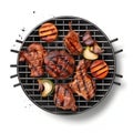 Top view of grill grates with steak, vegetables und mushrooms isolated on white background, generative AI content