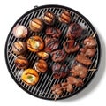 Top view of grill grates with steak, vegetables und mushrooms isolated on white background, generative AI content