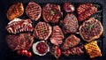 Top view of grilled barbecue meat, generative ai