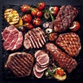 Top view of grilled barbecue meat, generative ai