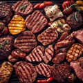 Top view of grilled barbecue meat, generative ai