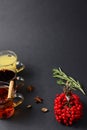 Top view of grilled bbq smoked meat steak with sauce on dark wooden board on black background, flat lay, copy space Royalty Free Stock Photo