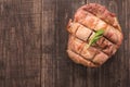 Top view grilled beef steak on a wooden background