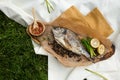 top view. Grilled fish with salad lemon and sauce Royalty Free Stock Photo