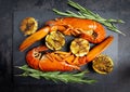 Top view: grilled lobsters with grilled garlic, grilled lime and rosemary branches on a slate plate on a black background Royalty Free Stock Photo