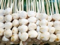 Top view of grilled pork balls skewers on fresh banana leaves Royalty Free Stock Photo