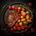 Top view of grilled Ribeye Steak with truffle butter, garnished with rosemary, served with baked potatoes and cherry tomatoes on a Royalty Free Stock Photo