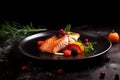 Top view on grilled salmon fish fillet and fresh green leafy salad on black plate Royalty Free Stock Photo