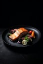 Top view on grilled salmon fish fillet and fresh green leafy salad on black plate Royalty Free Stock Photo