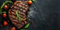 top view grilled steak with pepper herbs and tomatoes on stone black surface, flat lay with copy space, roast beef Royalty Free Stock Photo