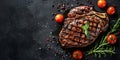 top view grilled steak with pepper herbs and tomatoes on stone black surface, flat lay with copy space, roast beef Royalty Free Stock Photo