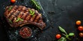 top view grilled steak with pepper herbs and tomatoes on stone black surface, flat lay with copy space, roast beef Royalty Free Stock Photo