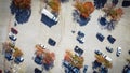 Top view grocery store parking lot with parked cars under colorful autumn leaves in Texas, USA