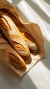 Top view of group of crispy baguettes in paper bag against white background with aesthetic shadows. Generative AI