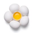 top view of group eggs and one broken egg isolated on white background