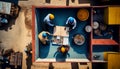 Top view of group of engineering team is meeting and planning construction work,Architects looking blueprint at Royalty Free Stock Photo