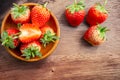 Top view group of fresh berry fruit, red strawberry in a brown wooden bowl and a half sliced on wooden background with coppy space