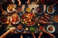 Top view of group of friends having dinner together while sitting at wooden table, Barbecue dinner at a summer party, top view, AI Royalty Free Stock Photo