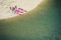 Top view of a group of friends taking a break from canoeing. Royalty Free Stock Photo