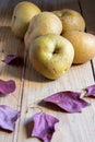 Top view of a group of pippin apples on wooden table with leaves Royalty Free Stock Photo