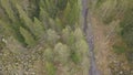 Top view of group of tourists walking along forest trail. Clip. Group of tourists goes to top of mountain along path Royalty Free Stock Photo