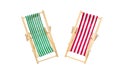 Group of wooden red and green beach chairs lounge isolated on white background. Royalty Free Stock Photo