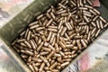 Top view of gun ammunition box. Bullets for pistol Royalty Free Stock Photo