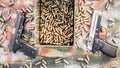 Top view of gun and ammunition box on the table Royalty Free Stock Photo