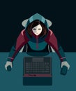 Top view. Hacker with computer on a desktop. Hooded girl with laptop. Hacking connection