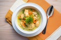 top view of a half-eaten bowl of chicken and dumplings