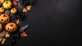 Top view Halloween background with pumpkins, spiders and leaves on blackboard Royalty Free Stock Photo