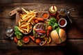 Top view hamburger and french fries on wooden board with Ai Generated