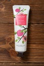 top view hand cream of juicy peach style