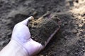 Top view Hand holding soil,Hand dirty with soil. Bunch of good soil in hands on ground background. Agriculture, organic gardening