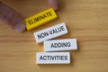 Top view of hand holding wooden blocks with text Eliminate non-value added activities. Process improvement concept